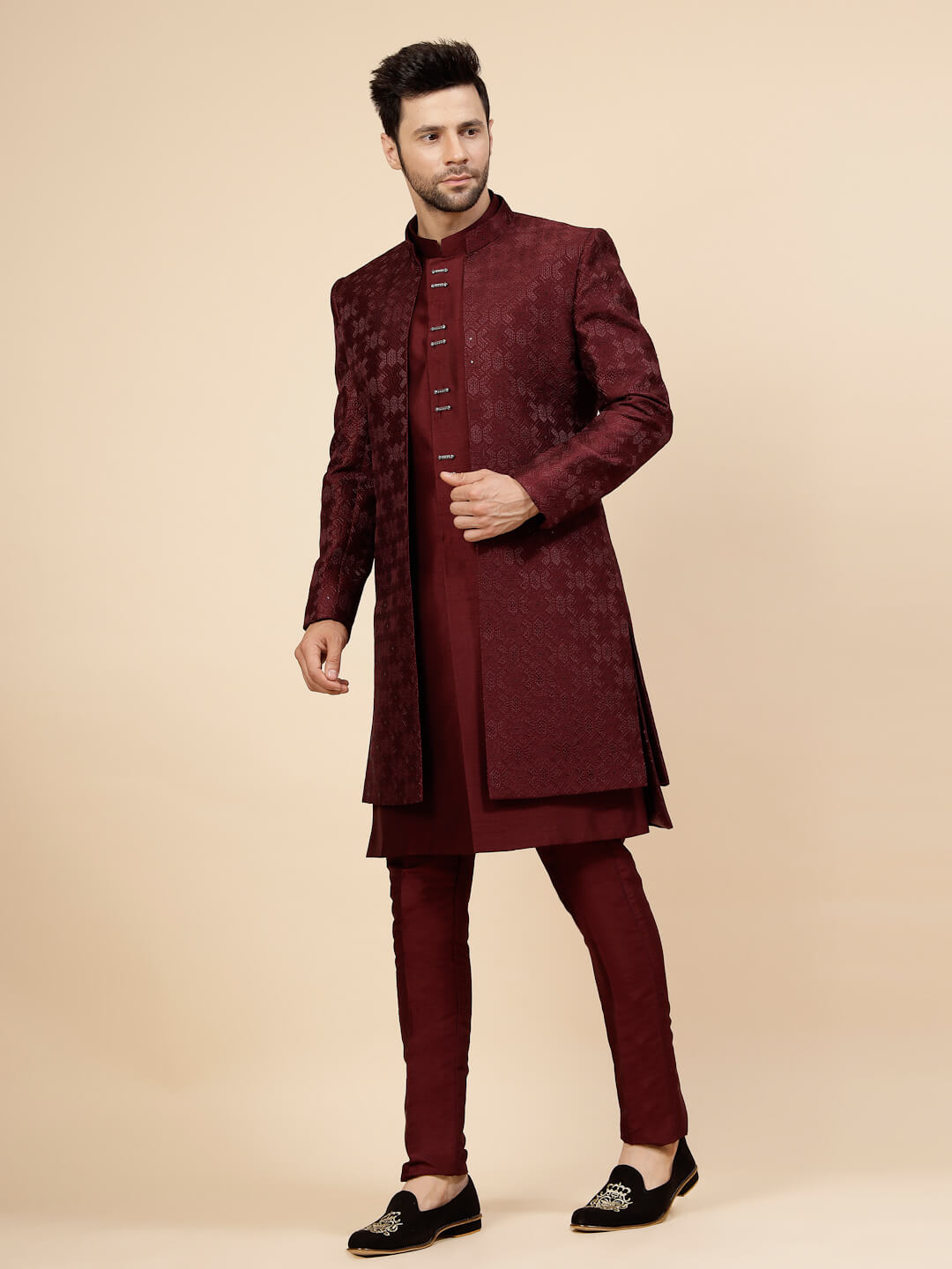 Maroon Threaded Over Jacket Sherwani