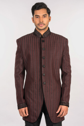 Maroonish Self Design Black IndoWestern Sherwani