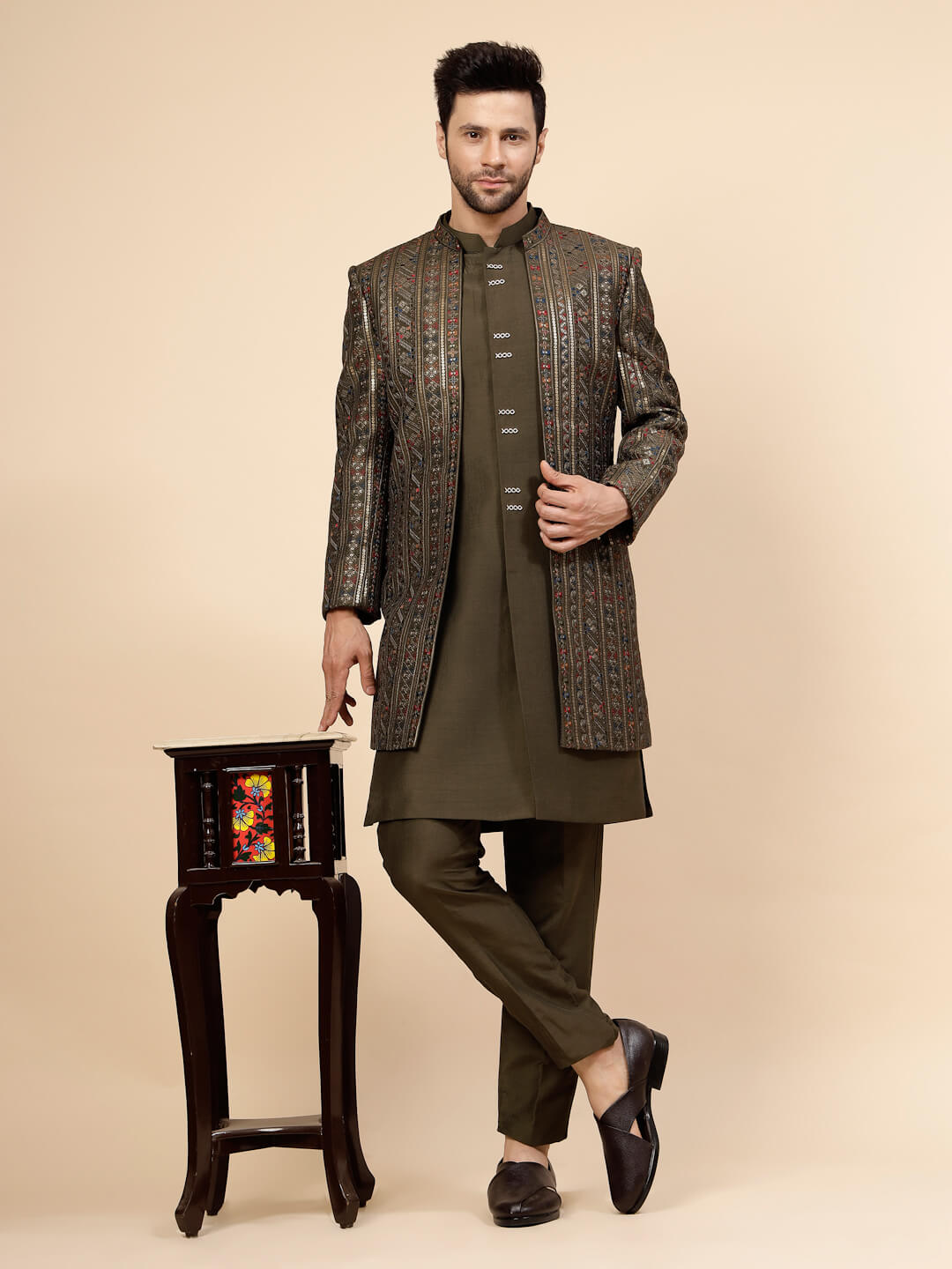 displaying image of Mehendi Green OverJacket Sherwani