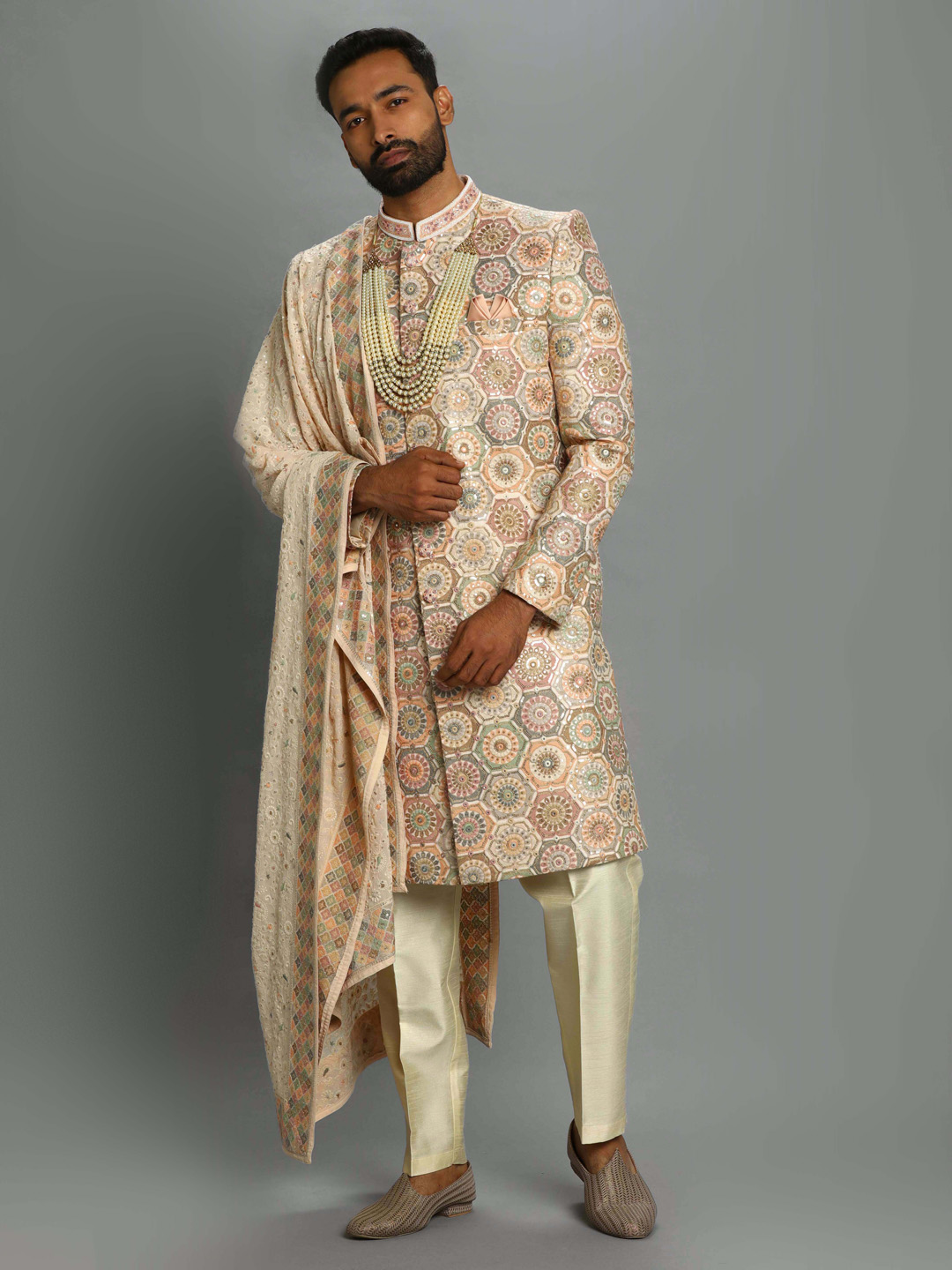 Multicolored Embroidered Woven Booti Sherwani