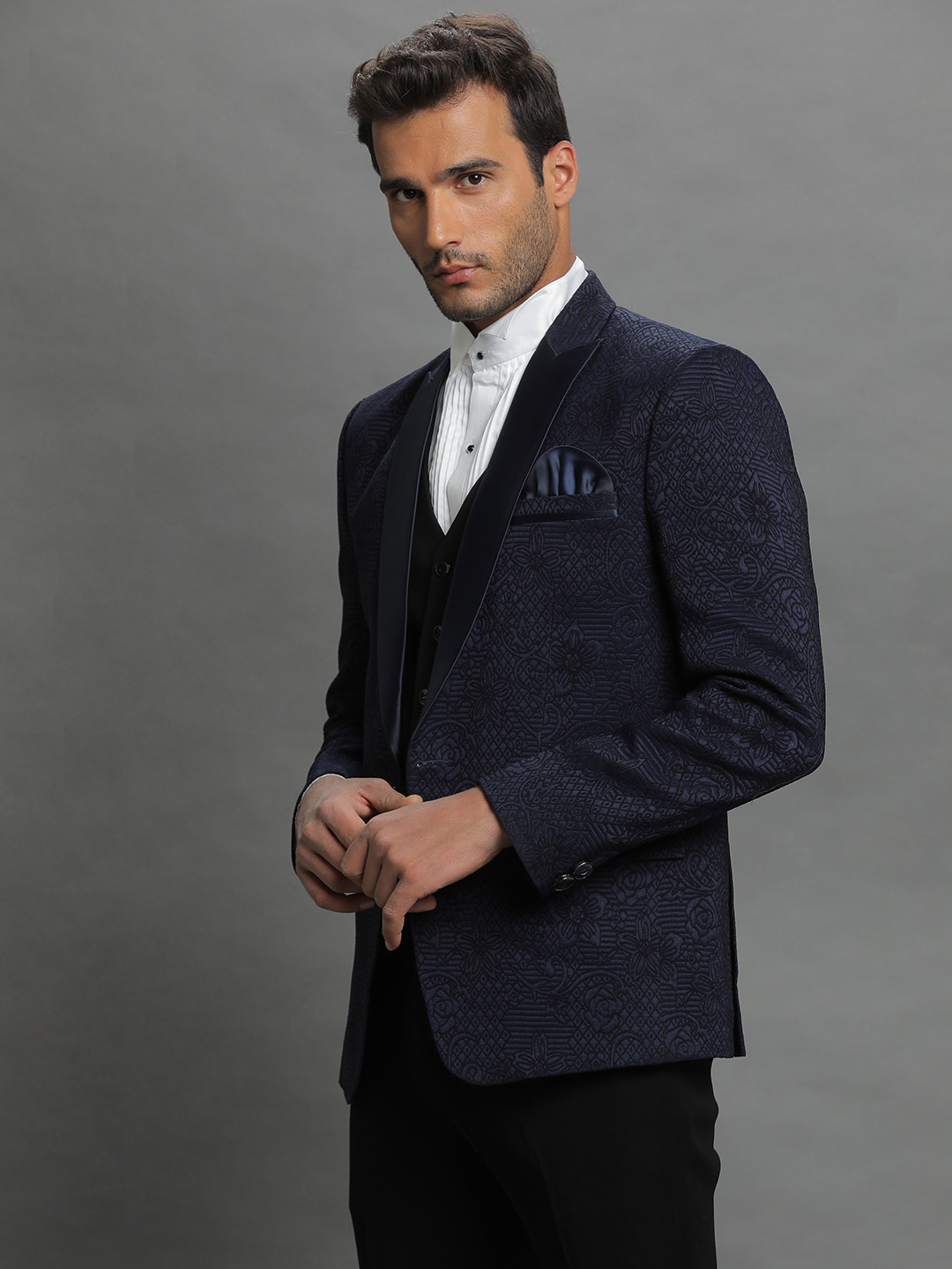 Navy Blue Embroidered 3 Piece Suit