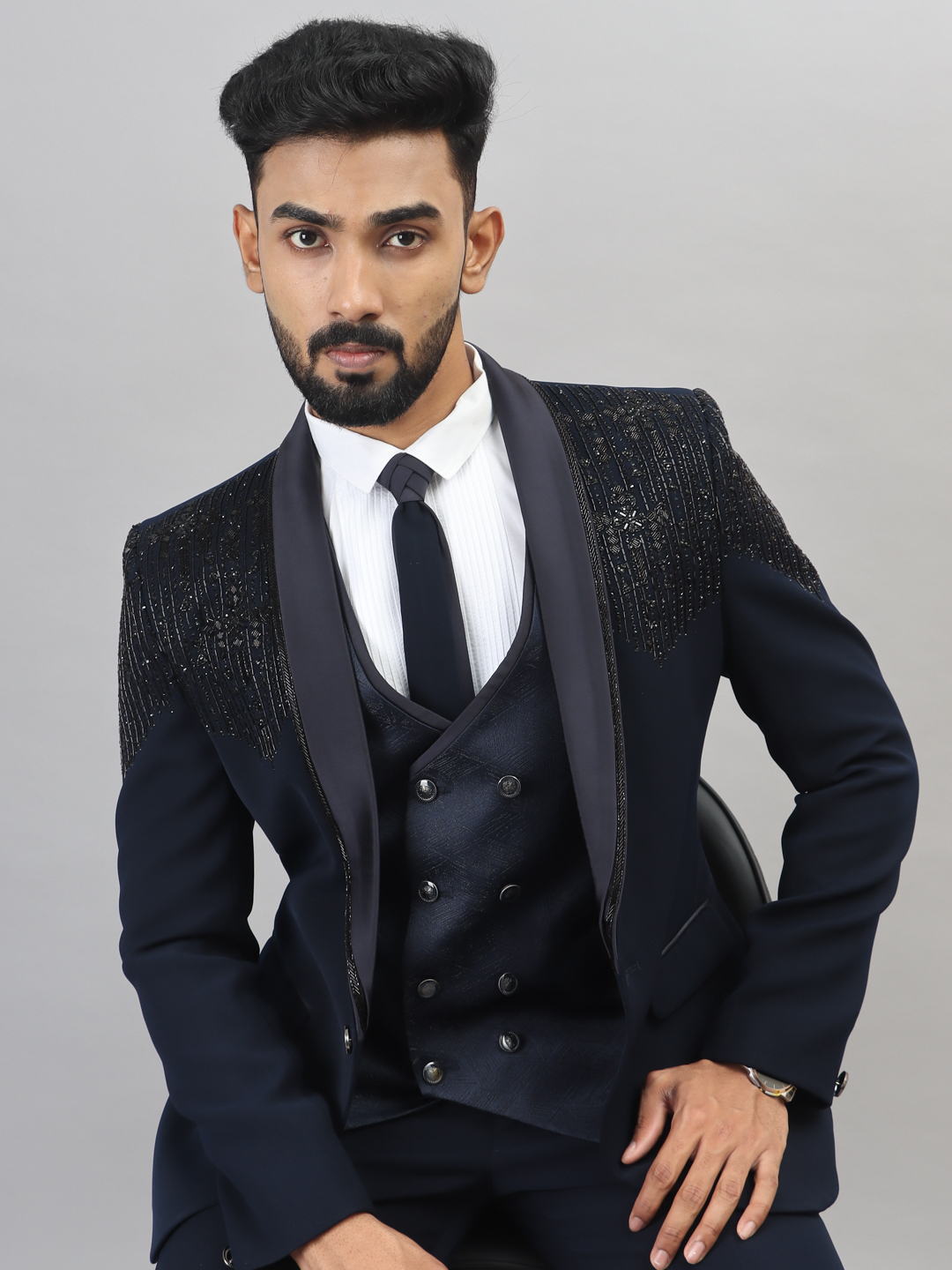 displaying image of Navy Blue Embroidered Vertical Black Beads Suit