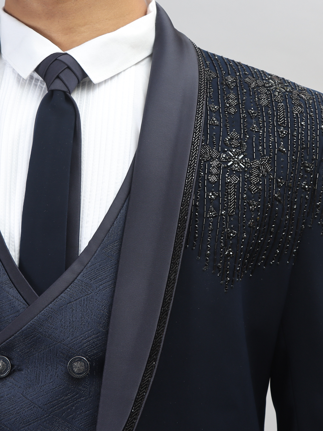 Navy Blue Embroidered Vertical Black Beads Suit