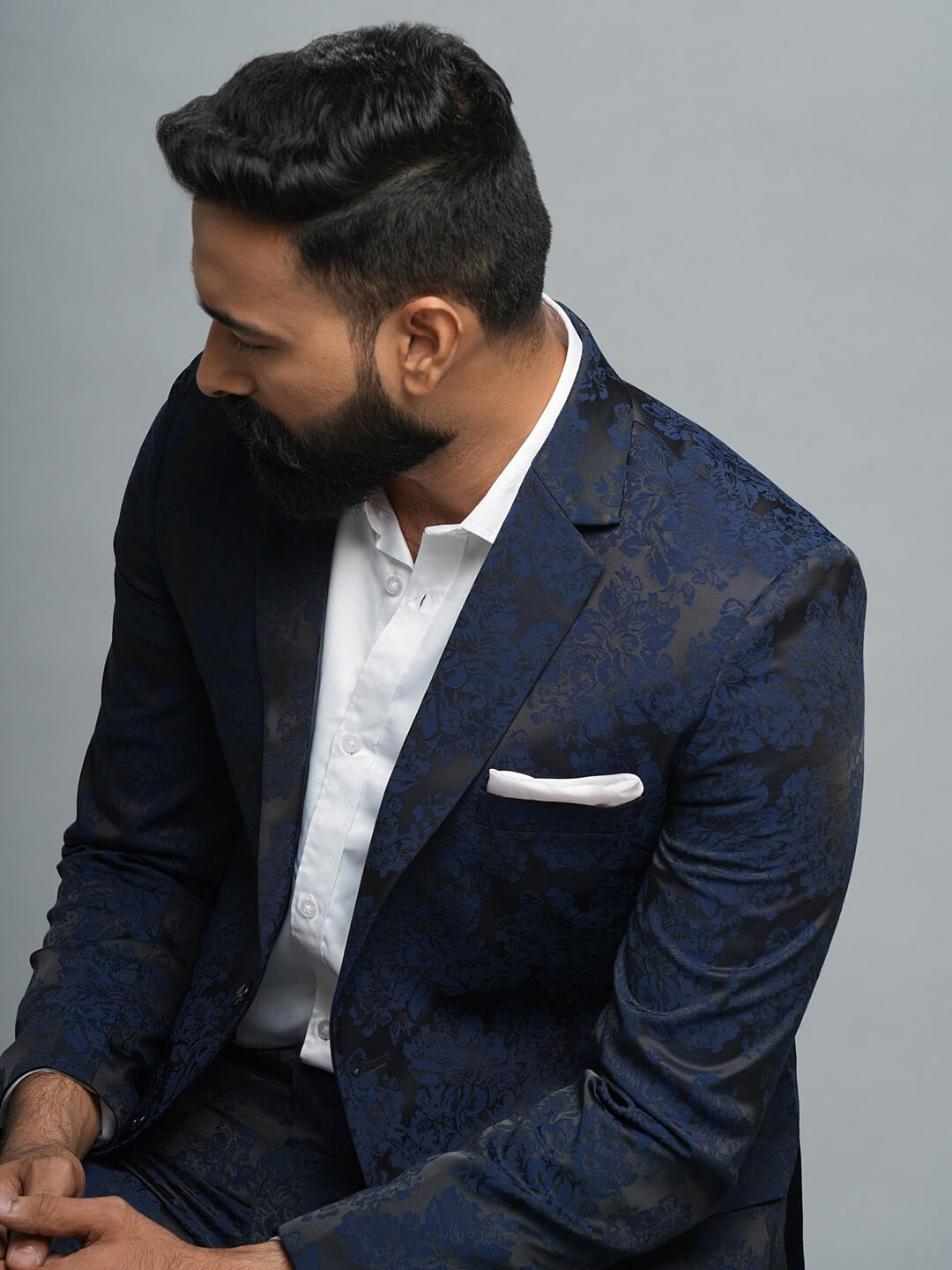 displaying image of Navy Blue Floral Jaquard Full Suit