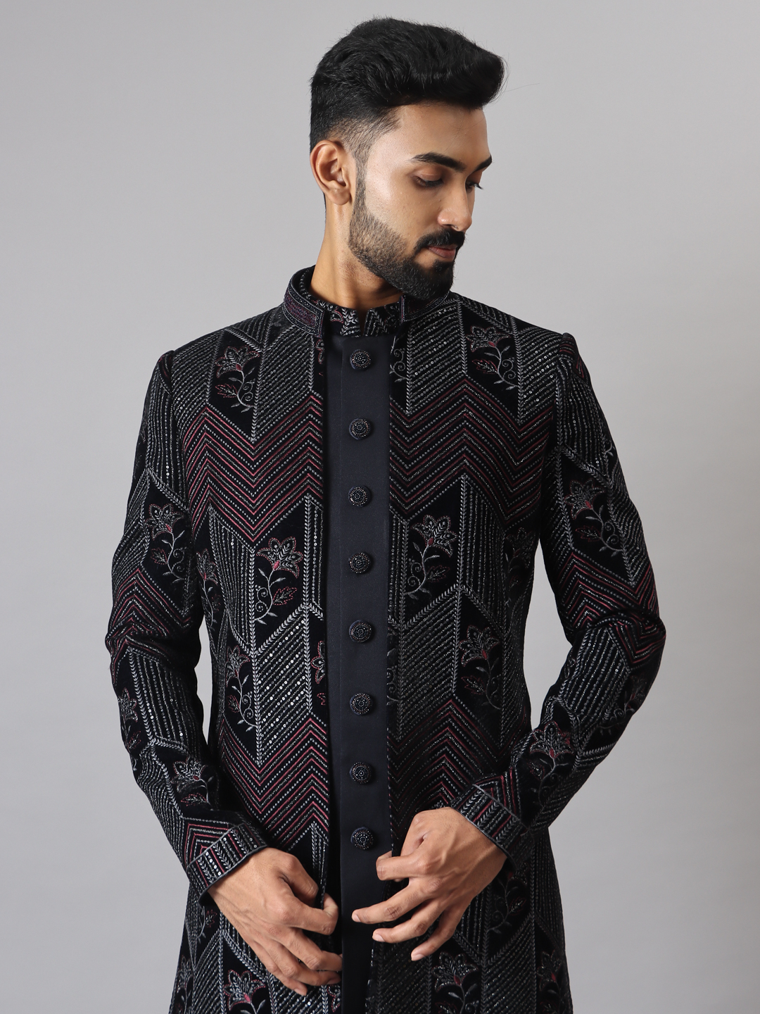 Navy Blue Geometric Lines Embroidered Jacket Indowestern