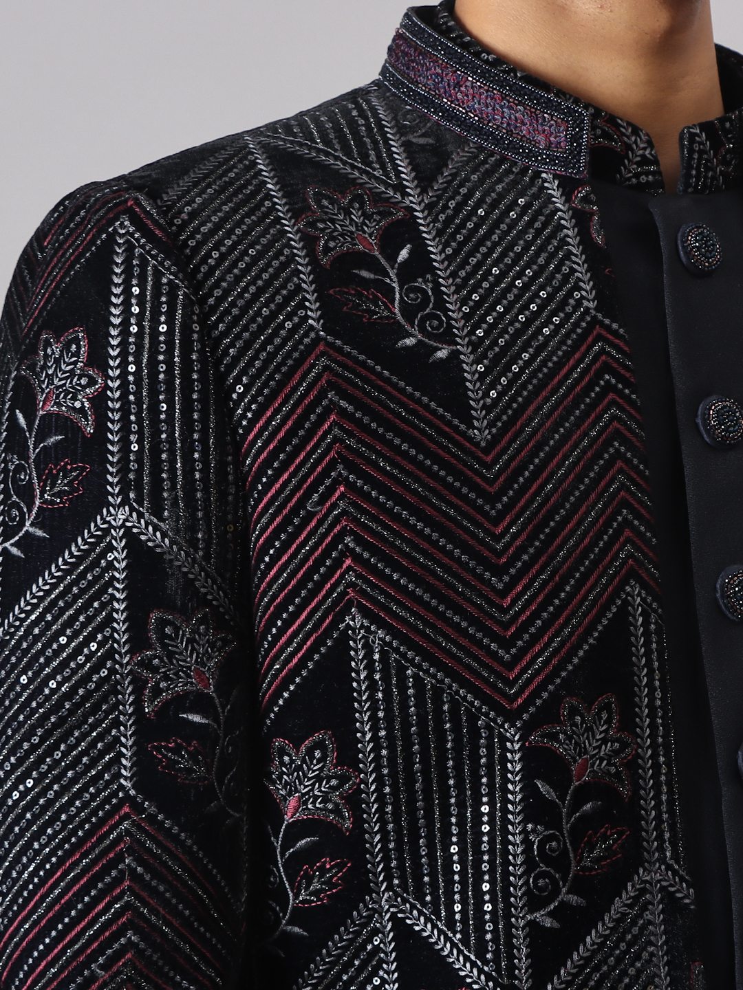 Navy Blue Geometric Lines Embroidered Jacket Indowestern