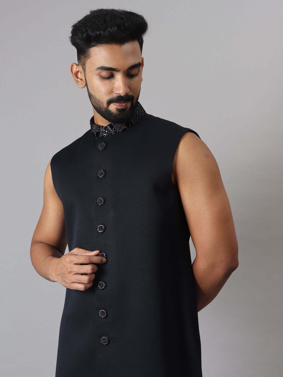 displaying image of Navy Blue Geometric Lines Embroidered Jacket Indowestern