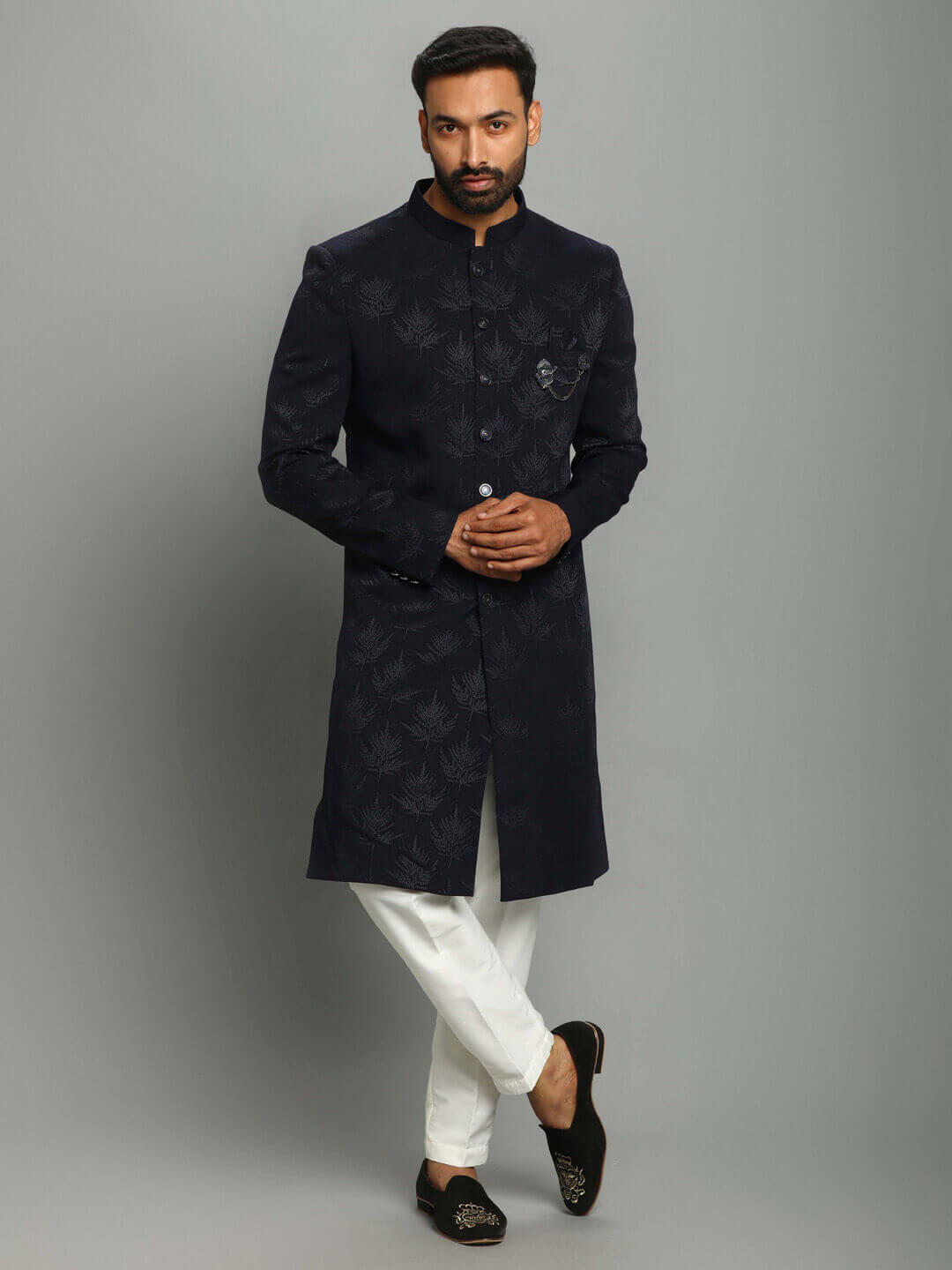 displaying image of Navy Blue Leafy IndoWestern