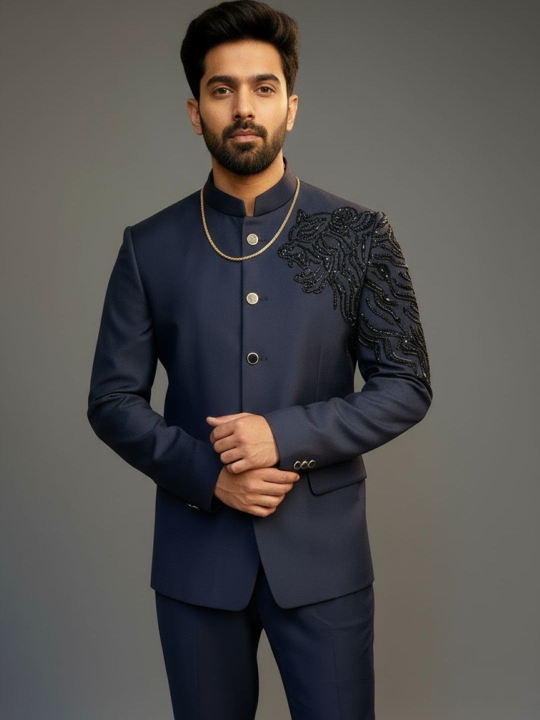 Navy Blue Lion Embroidered Jodhpuri