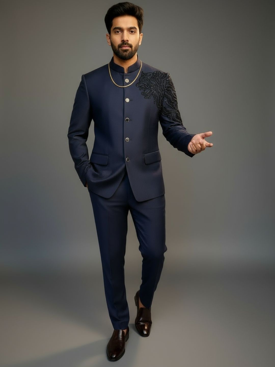 Navy Blue Lion Embroidered Jodhpuri