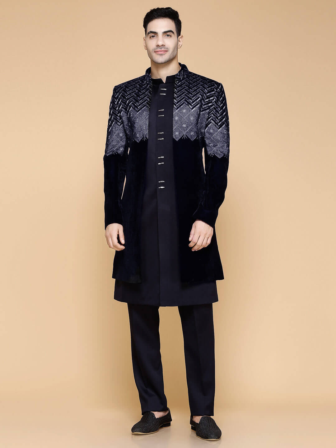 Rent Navy Blue Velvet Top Work Indo - Regal Ethnic Wear at candidmen