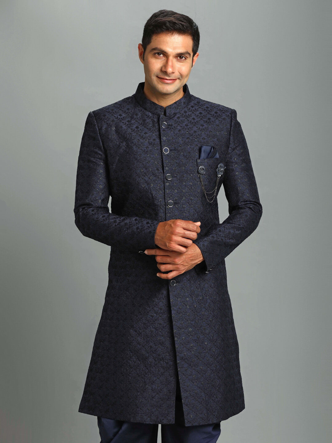 displaying image of Navy Blue with Black Embroidered Sherwani