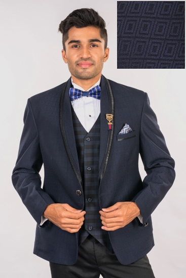 Navy Blue Square Patterned 2-Piece Wedding Suit