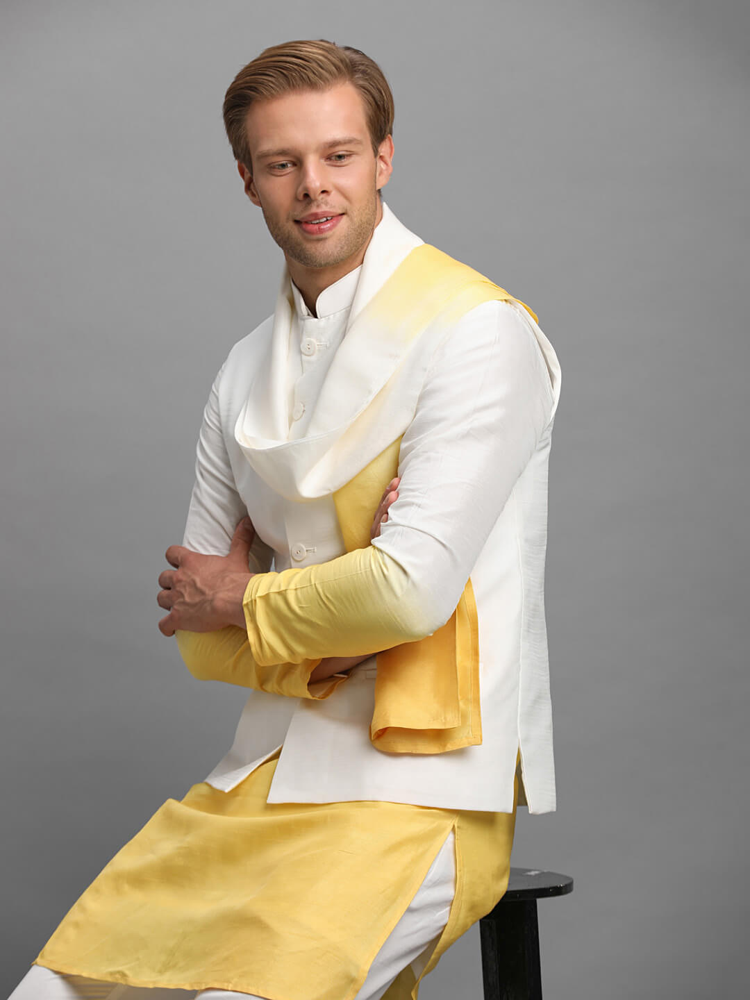 displaying image of Pastel Yellow Shaded Kurta Pyjama Dupatta Set