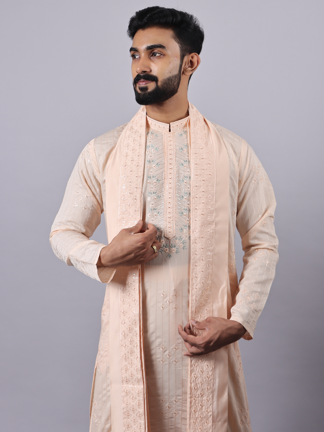 Peach Collar Embroidered Kurta Dupatta Set