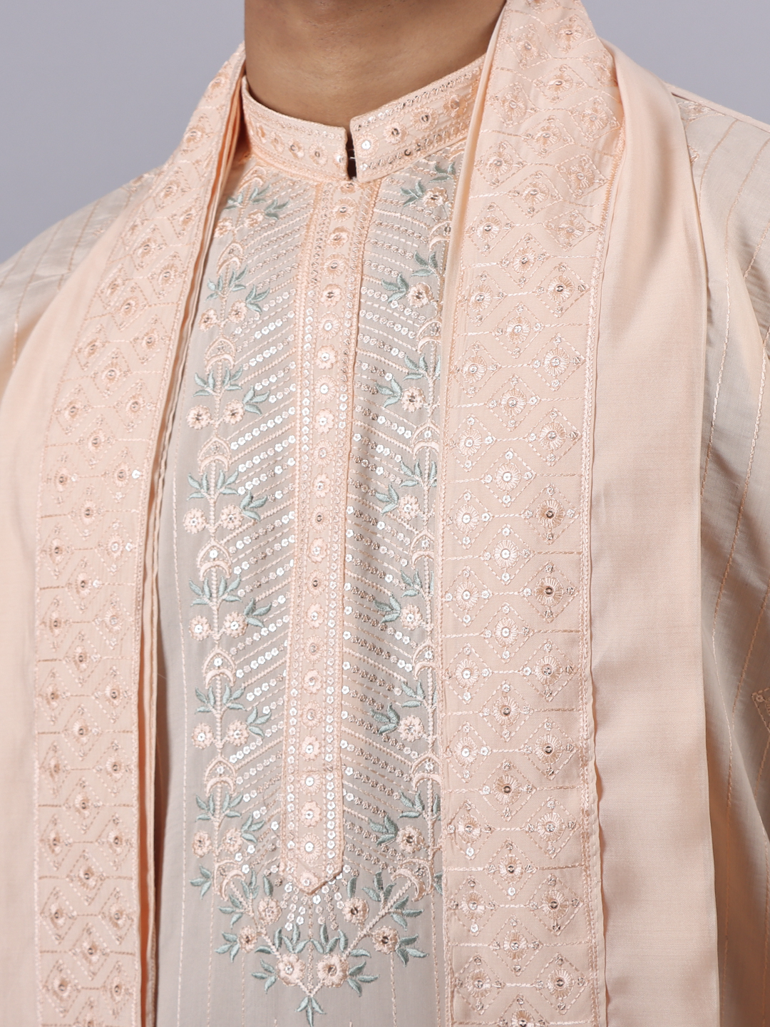 Peach Collar Embroidered Kurta Dupatta Set