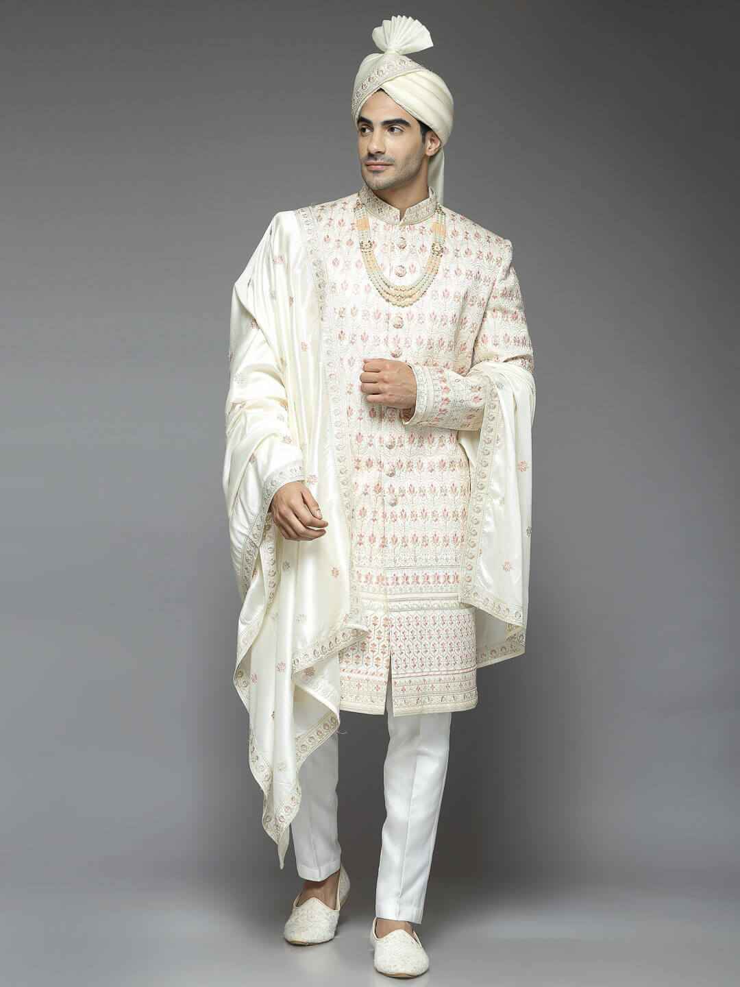 Peach Cream Pink Small Floral Embroidered Sherwani