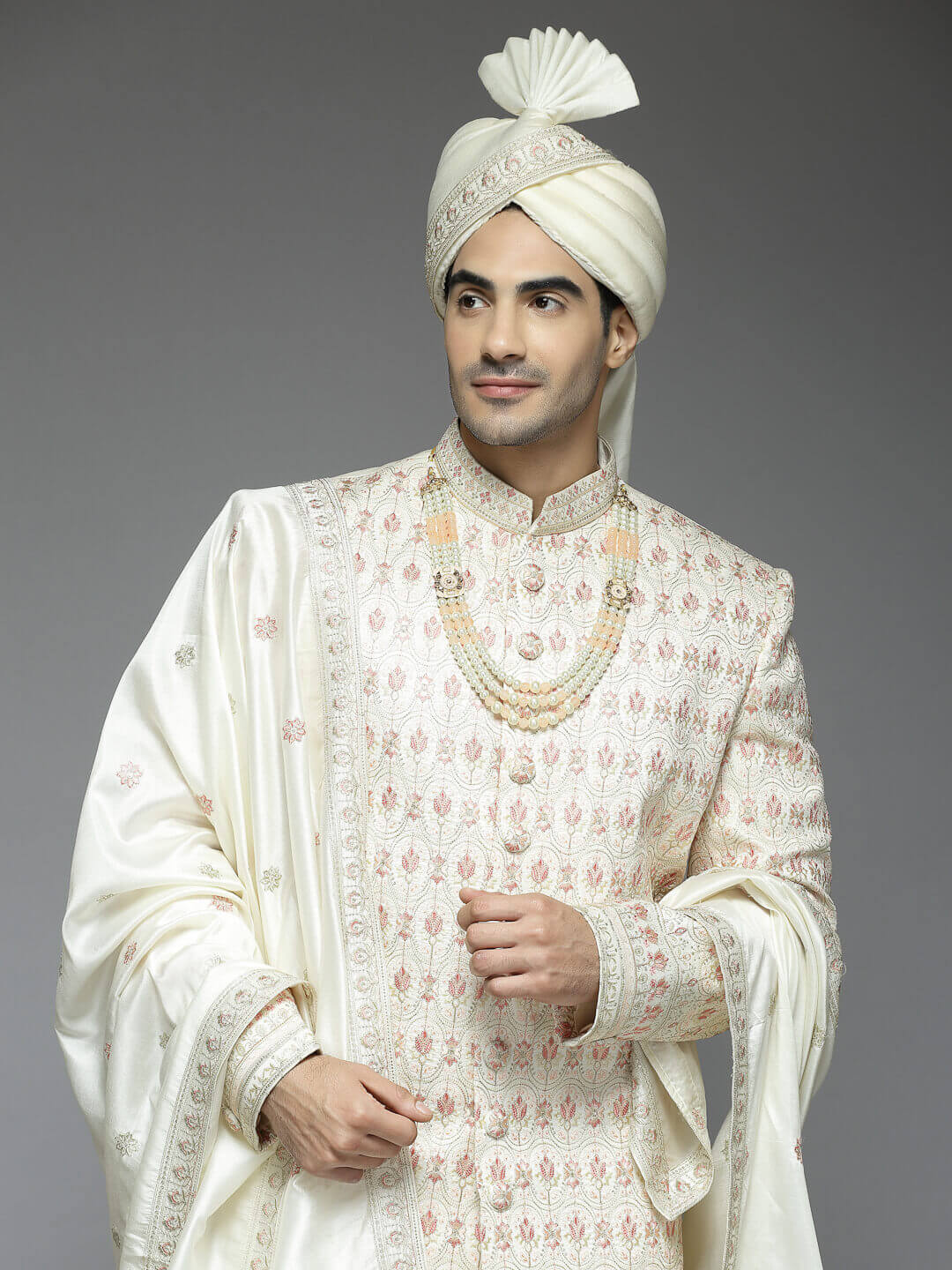 Peach Cream Pink Small Floral Embroidered Sherwani