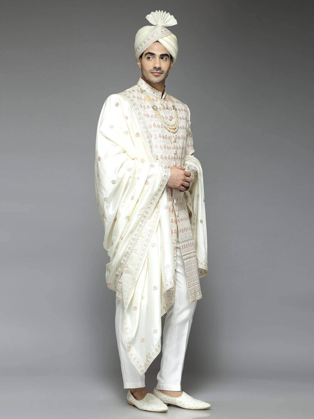 displaying image of Peach Cream Pink Small Floral Embroidered Sherwani