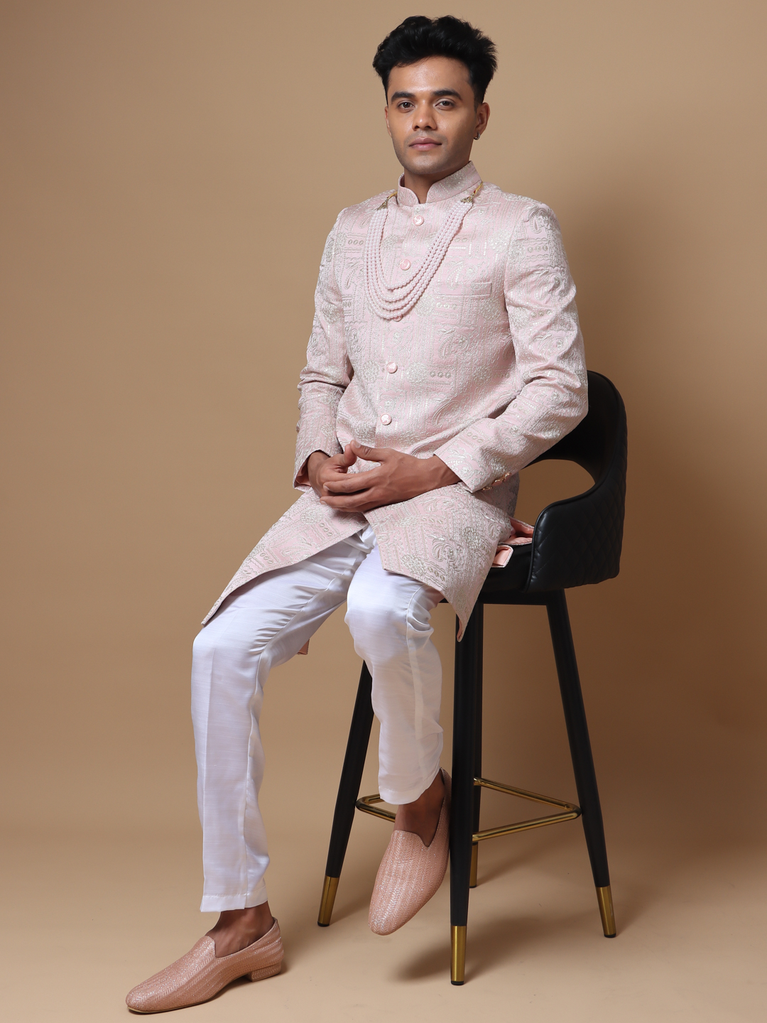 Peach Silver Foil Embroidered Sherwani