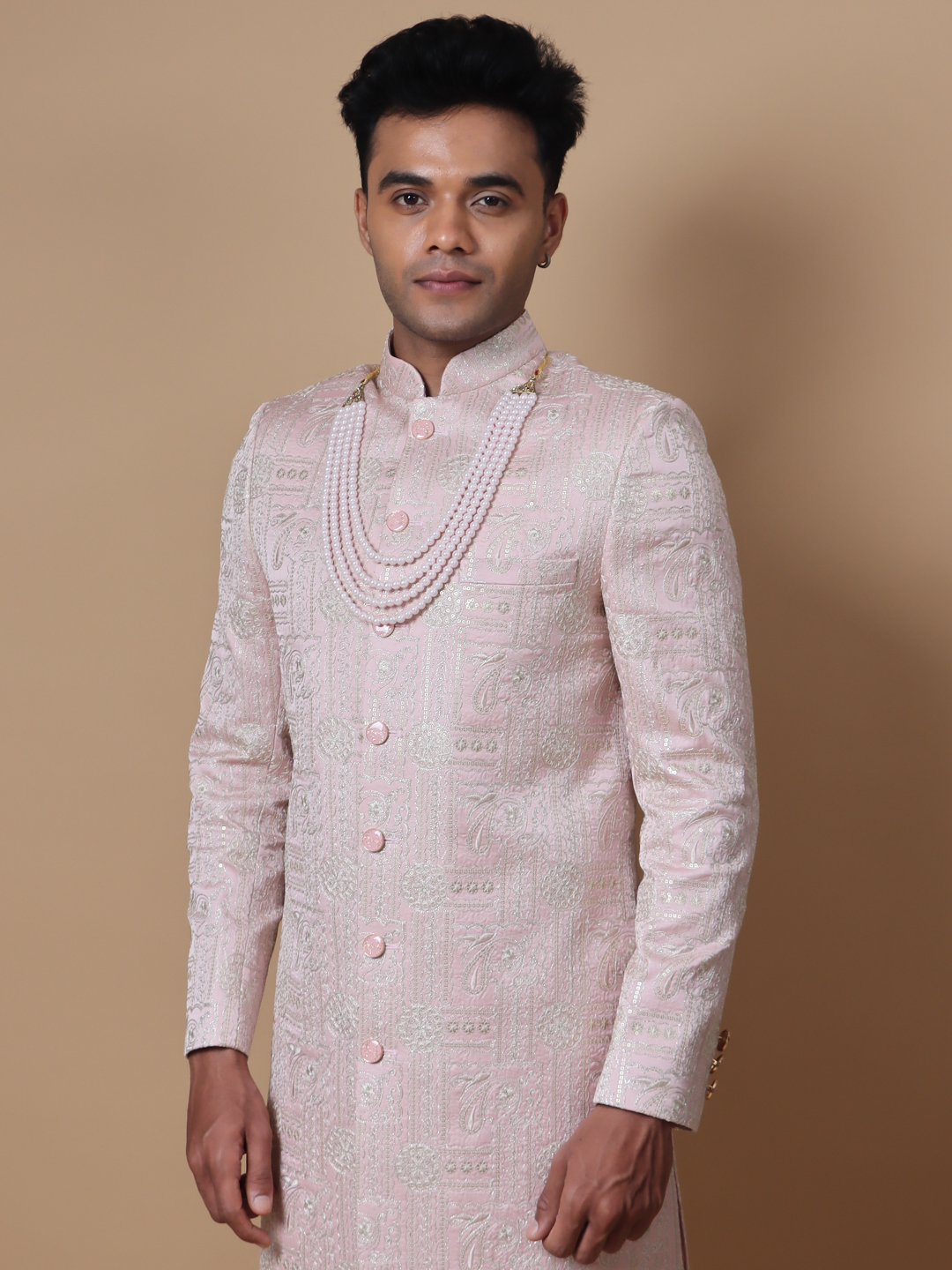 Peach Silver Foil Embroidered Sherwani