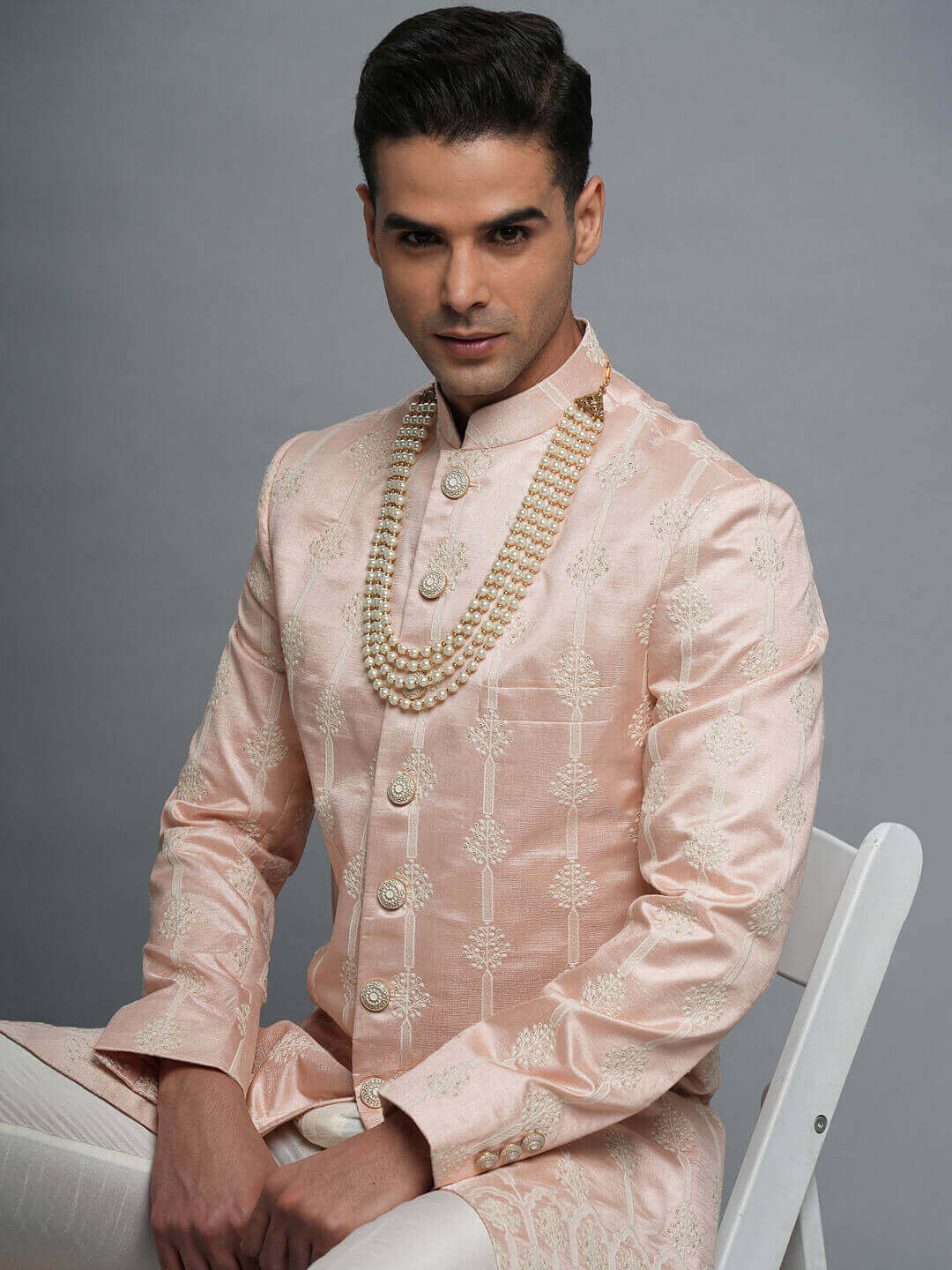 Rent/Buy Peach with White Embroidery Sherwani Home Trial Free