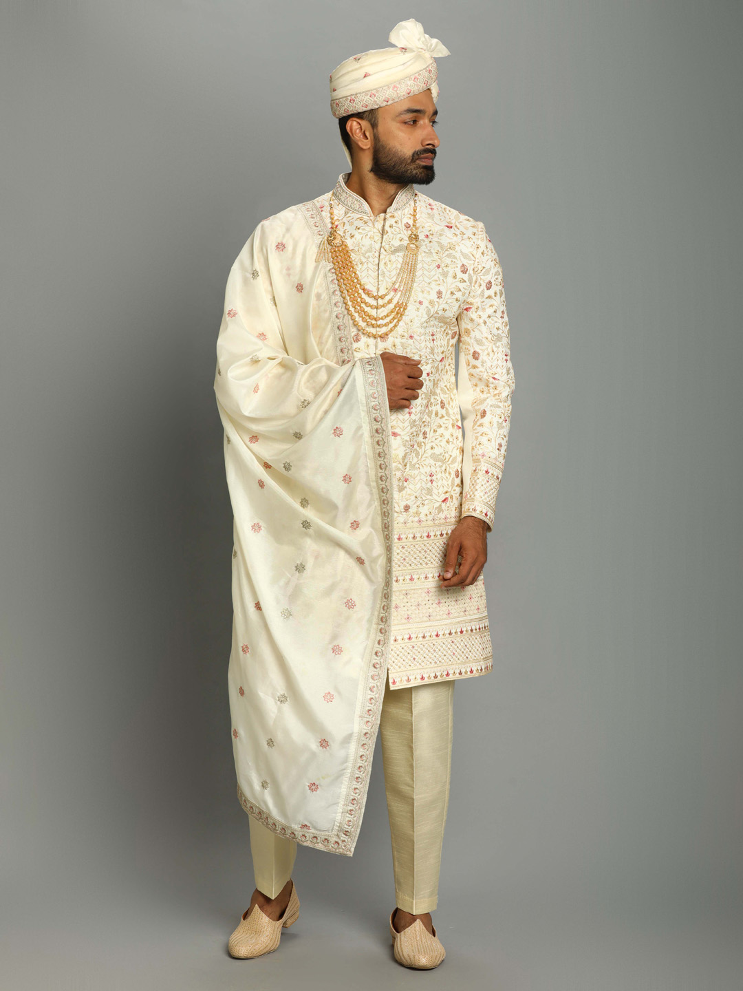Pink Booti Embroidered Detail Cream Sherwani