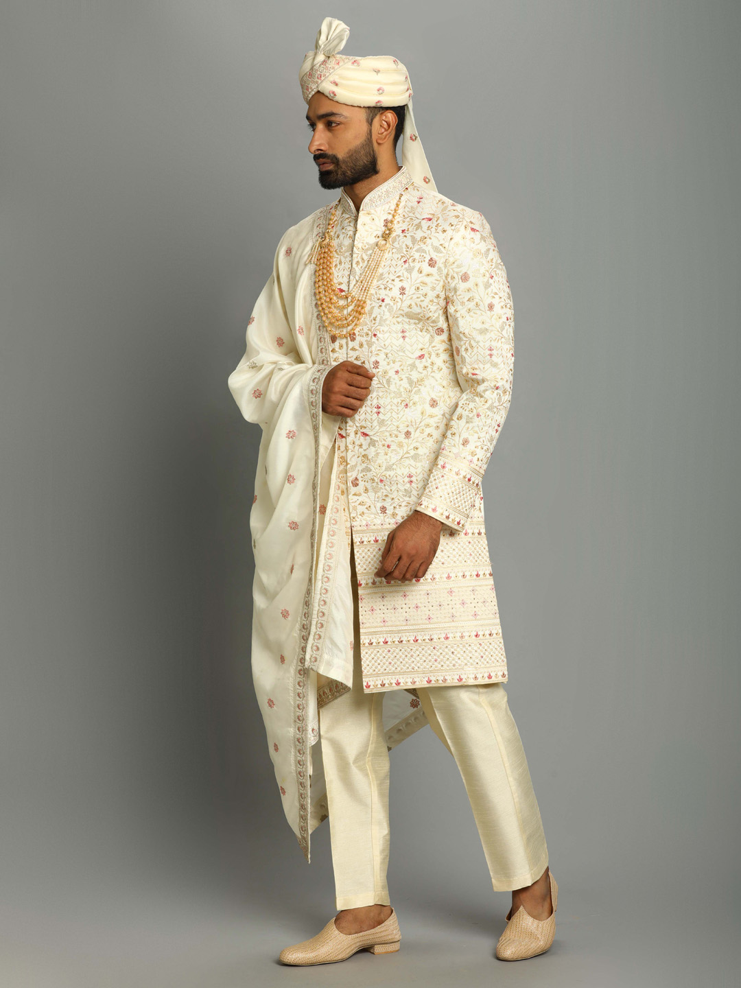 Pink Booti Embroidered Detail Cream Sherwani