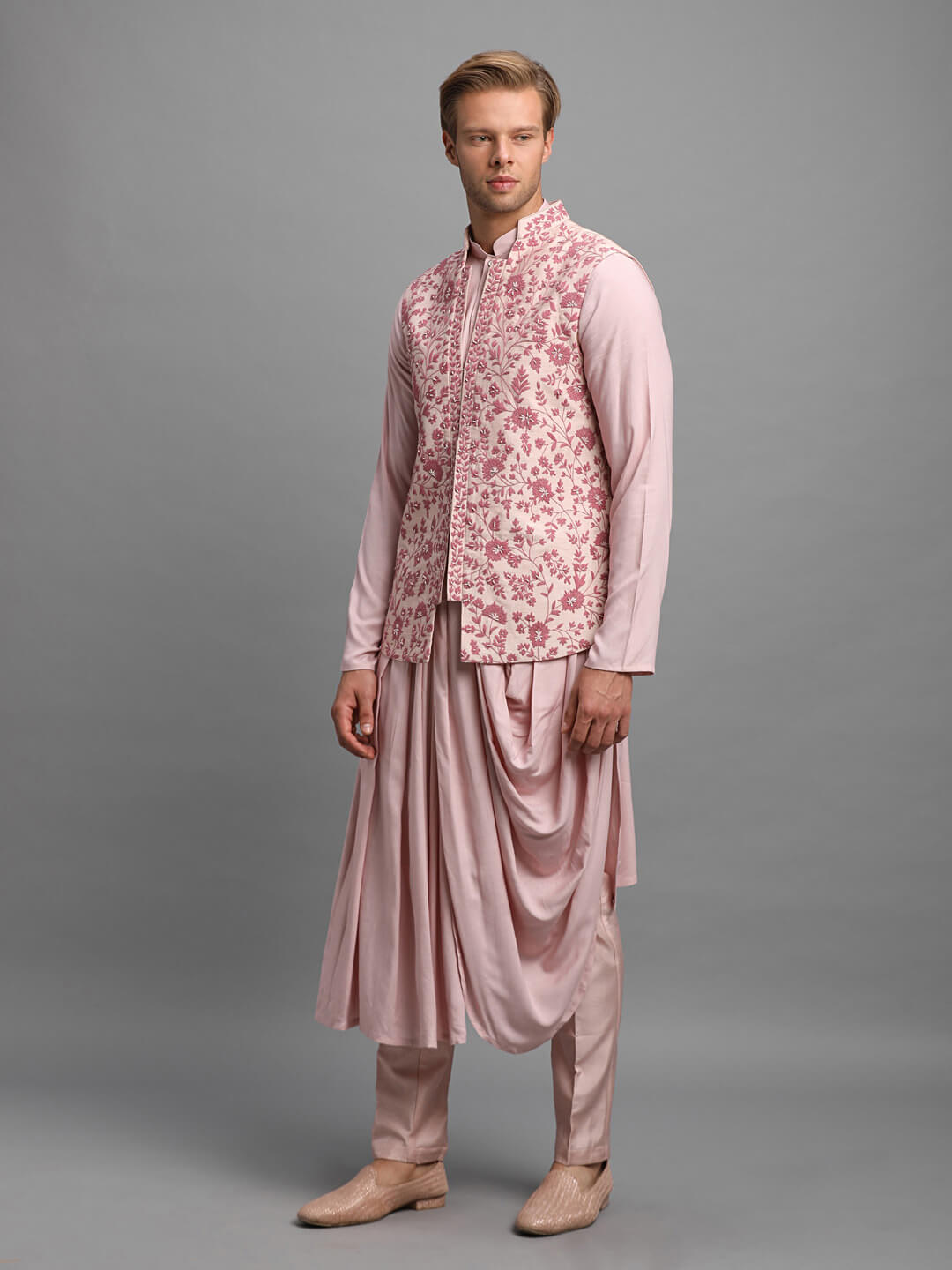 displaying image of Pink Cowl Jodhpuri Kurta Pyjama Bandi Set