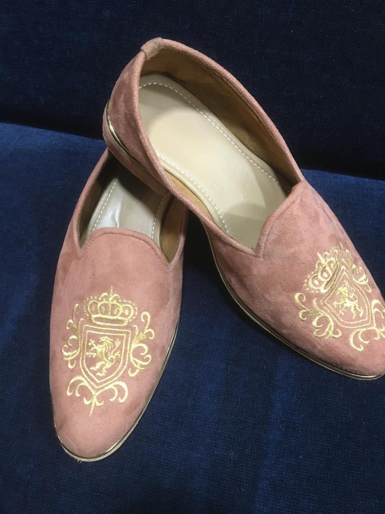 displaying image of Pink Embroidered Velvet Shoe
