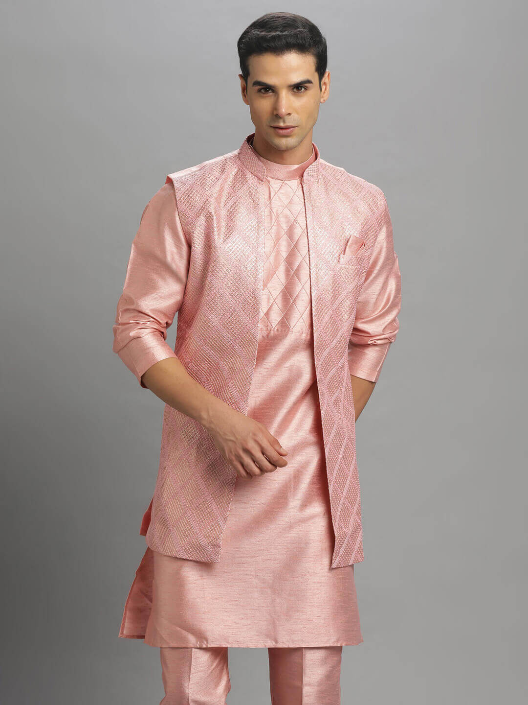 displaying image of Pink Mascot Long Coat Kurta Pyjama Bandi