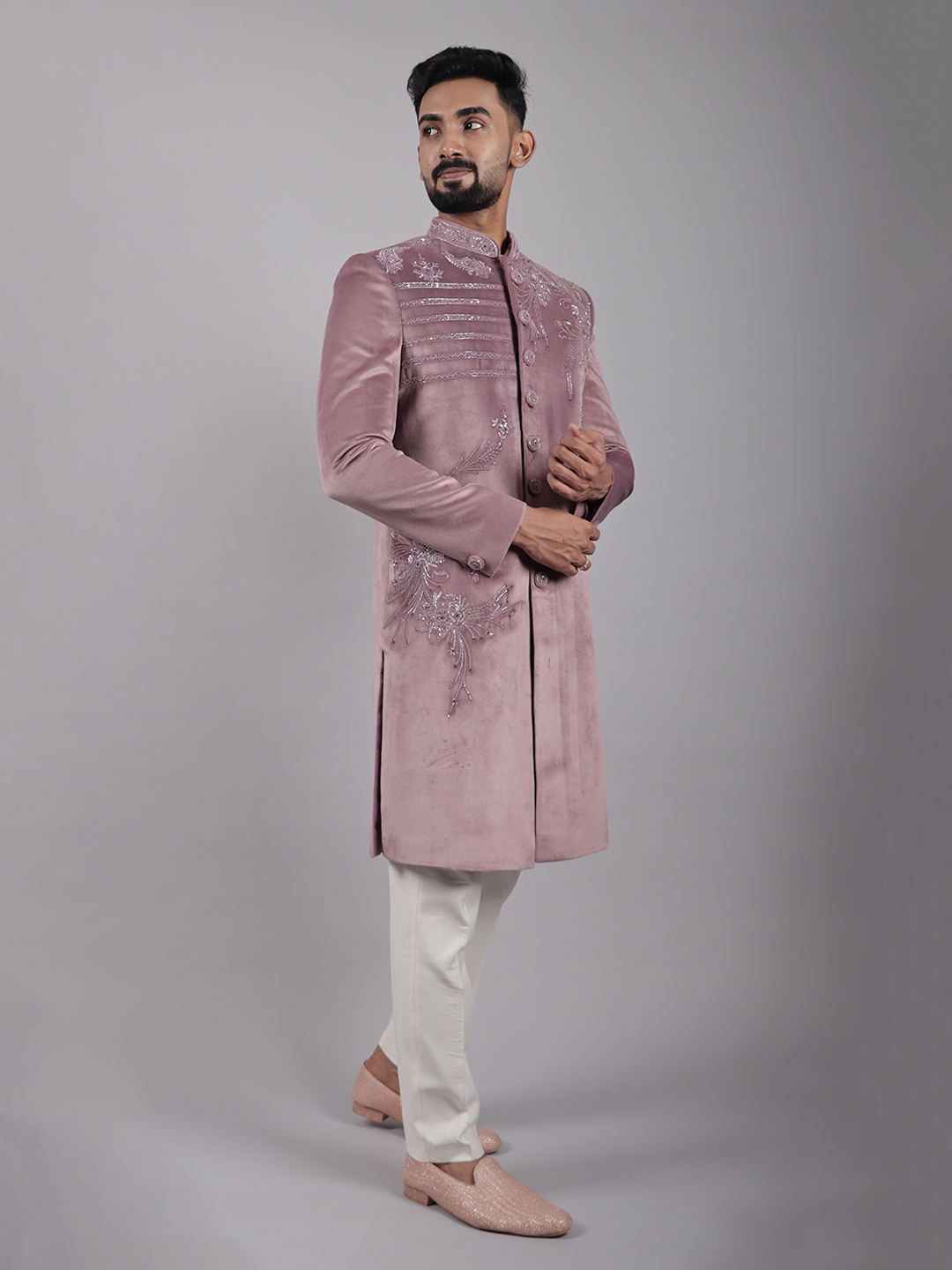 Pink Velvet Embroidered Self Sherwani