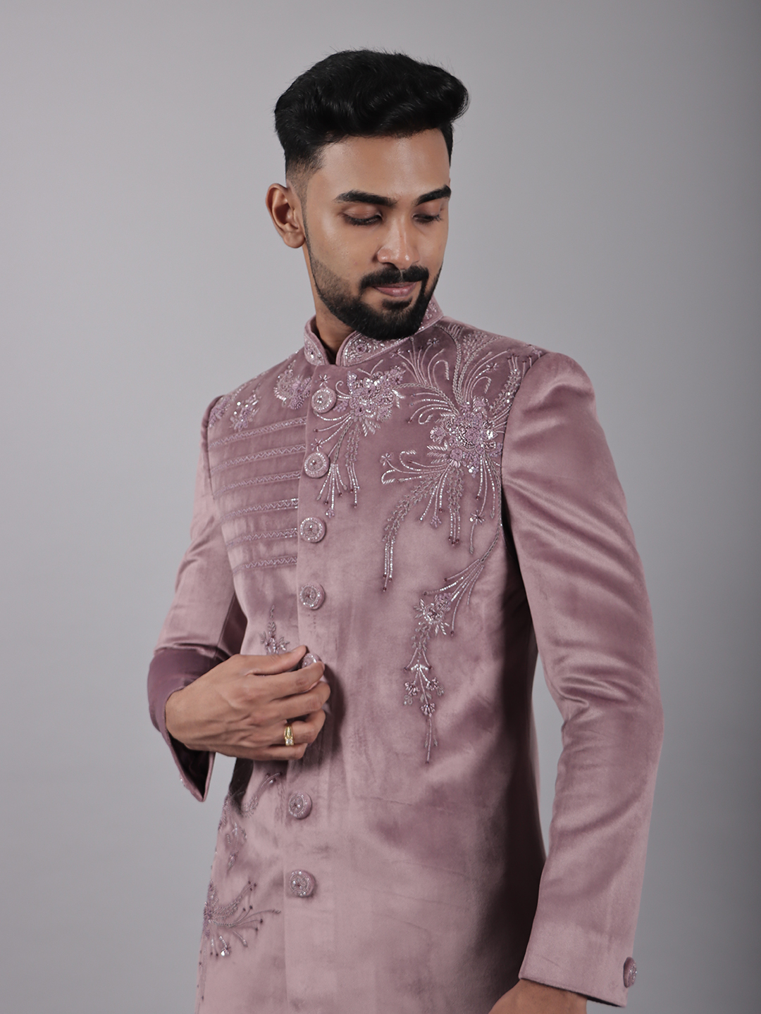 Pink Velvet Embroidered Self Sherwani