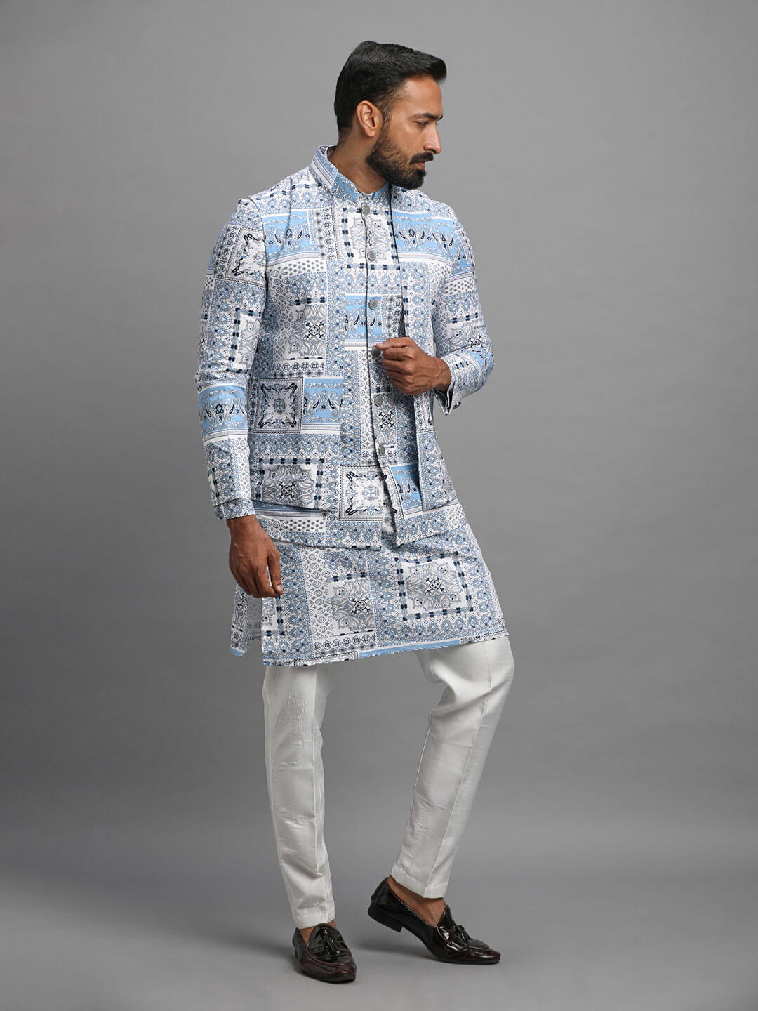 3-layer Printed Blue White Trendy Kurta Pyjama Bandi