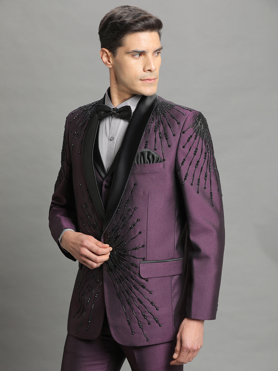 Purple Embroidered 3 Piece Groom Suit