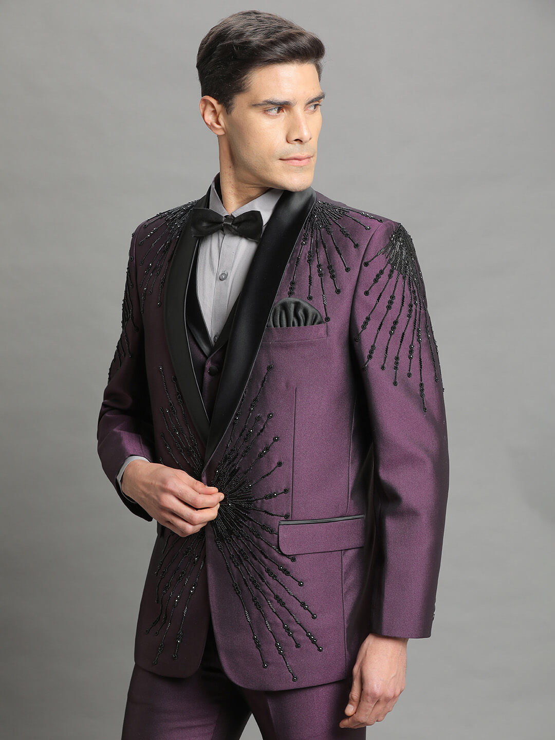 displaying image of Purple Embroidered 3 Piece Groom Suit