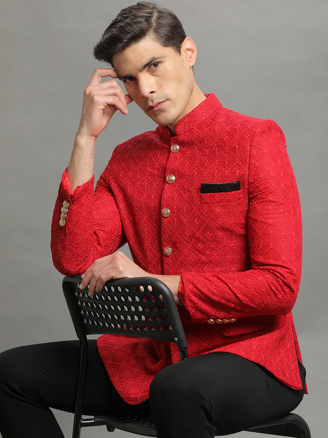 Red Self Embroidered Bandgala