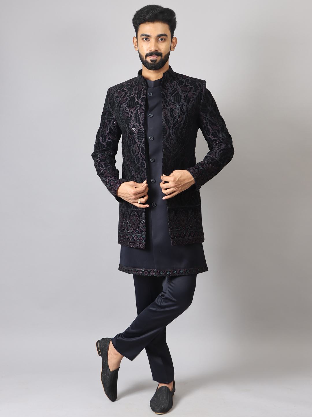 Root Printed Navy Blue Indowestern