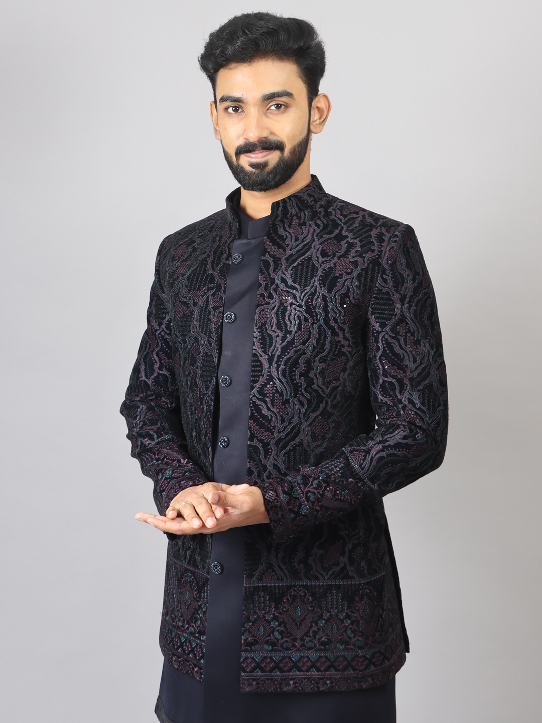 Root Printed Navy Blue Indowestern