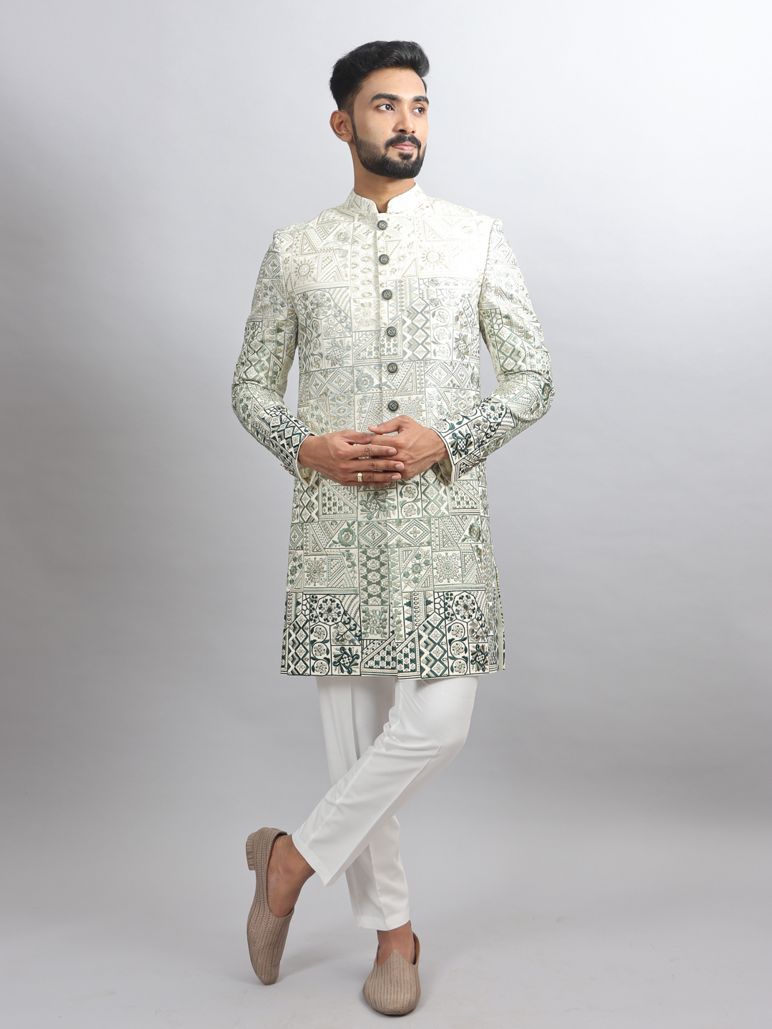 Shaded Ombre Green Embroidered IndoWestern