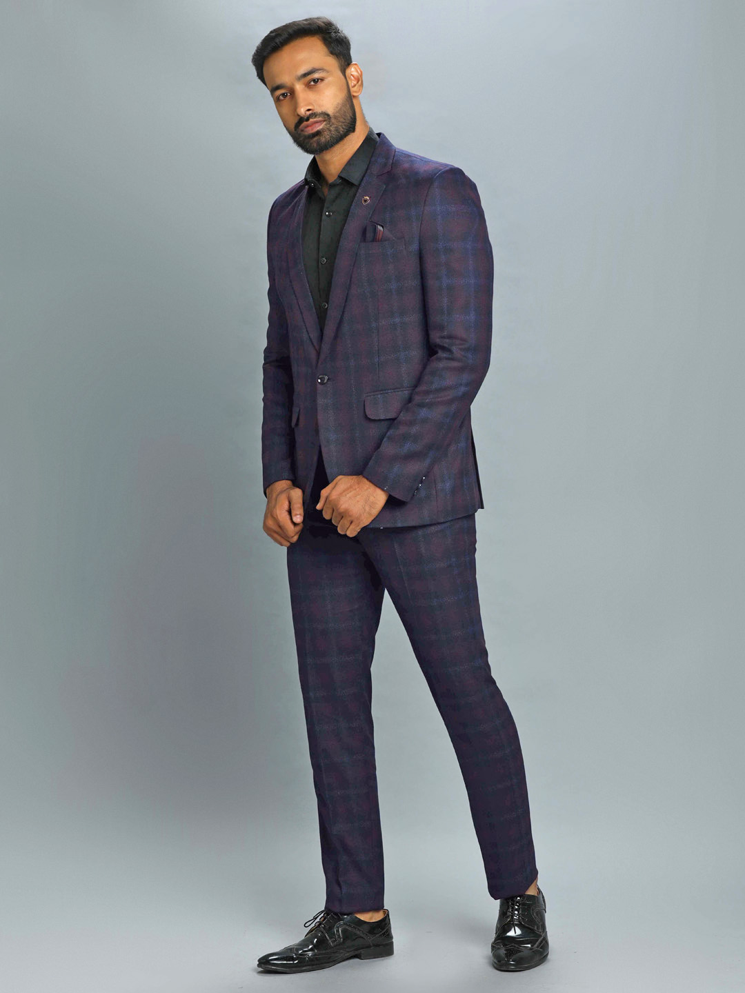 Shaded Wine Blue Checks Suit