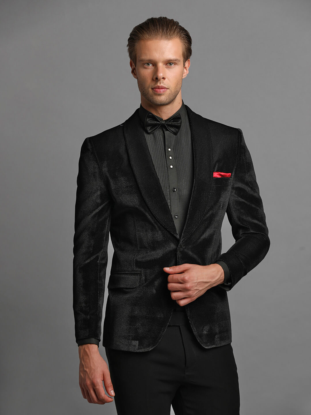 displaying image of Shiny Black Velvet Shawl Lapel Tux