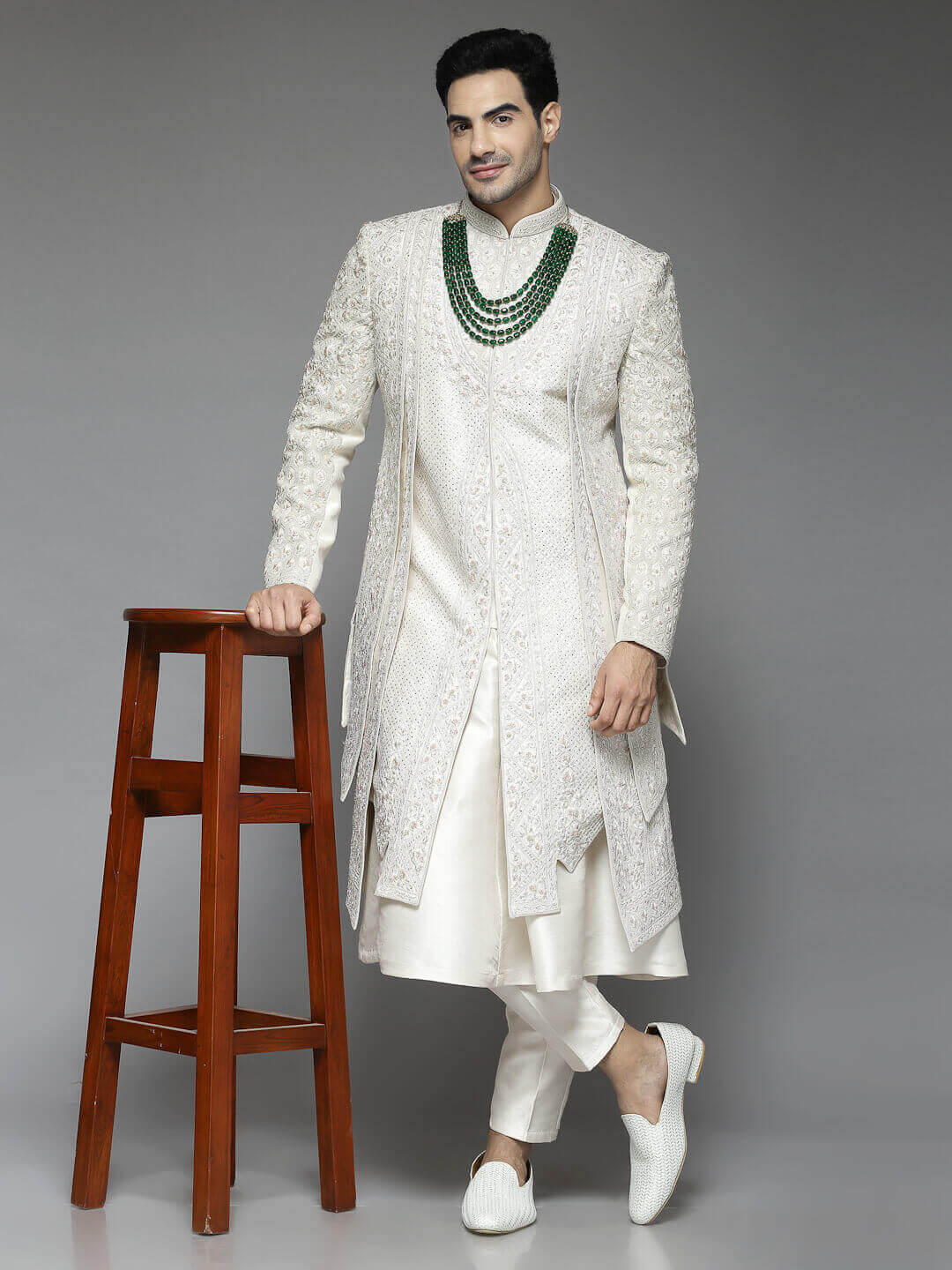 displaying image of Silver Embroidered Groom Heavy Sherwani