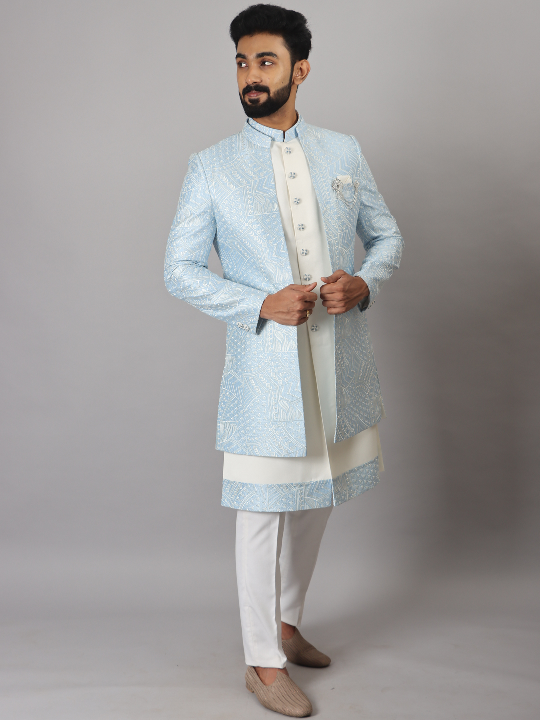 Sky Blue Open Jacket Indowestern