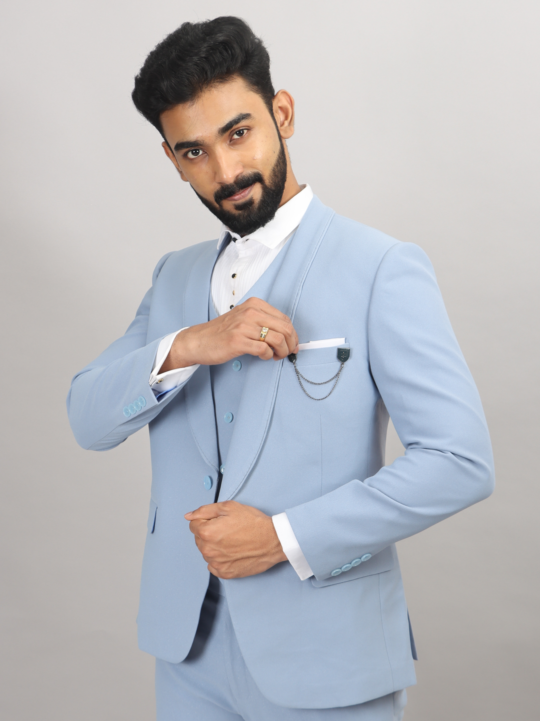 displaying image of Sky Blue Shiny 3 Piece Suit