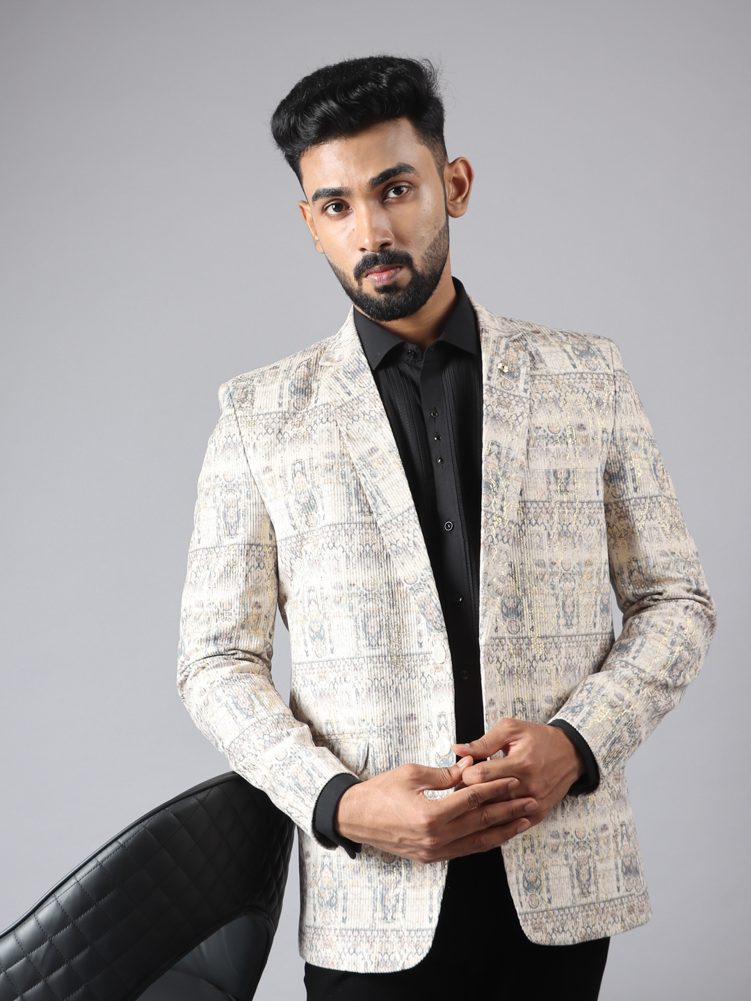 displaying image of Subtle Foil Printed Brown Blazer