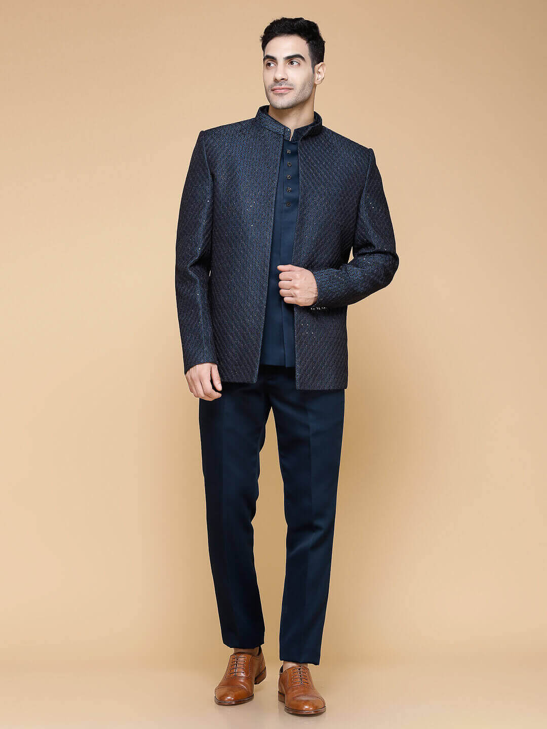 displaying image of Teal Blue Overcoat Jodhpuri