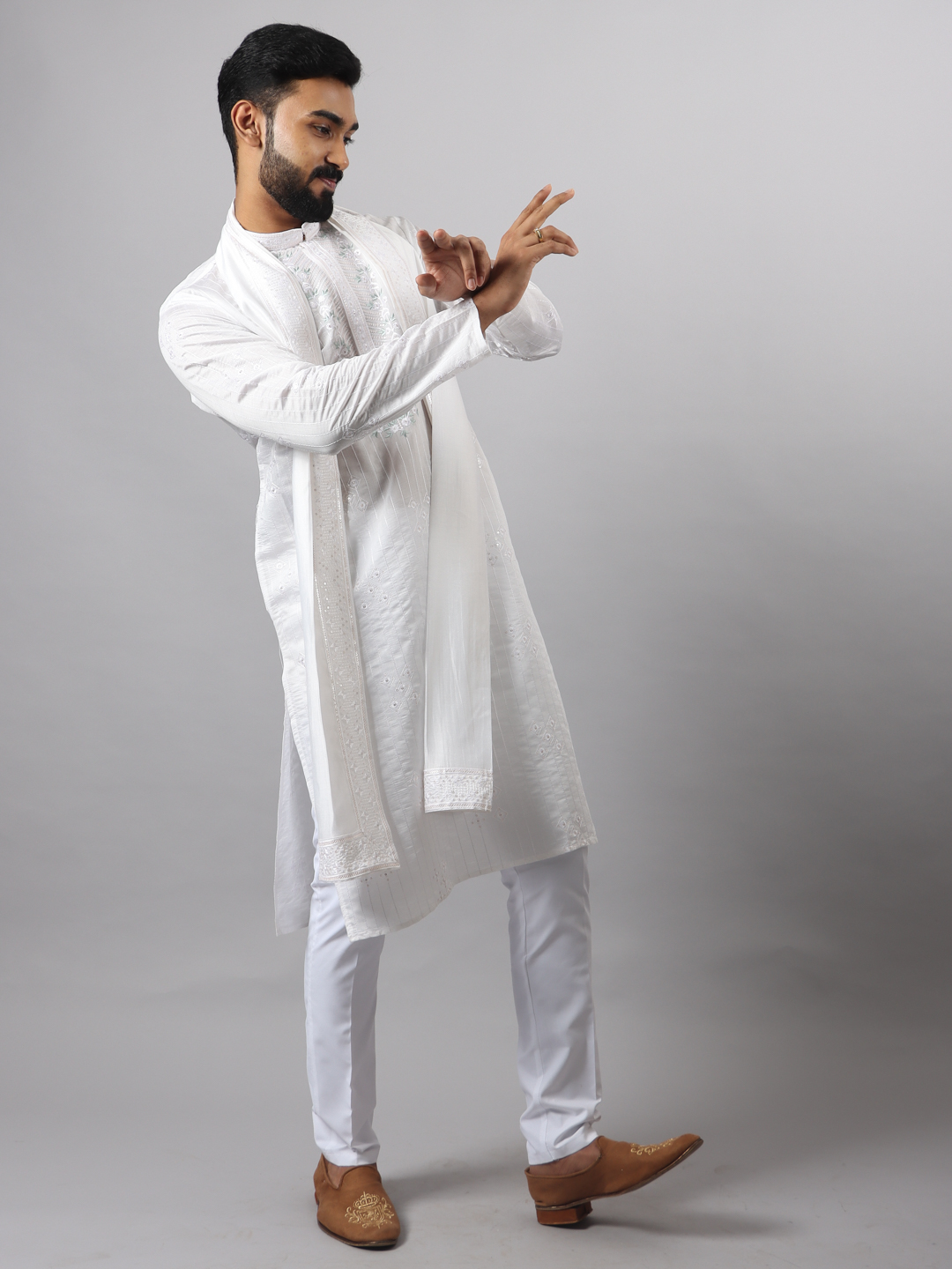 White Collar Embroidered Kurta Dupatta Set