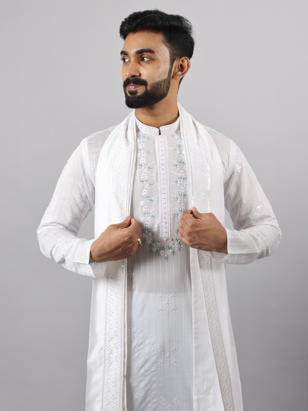 displaying image of White Collar Embroidered Kurta Dupatta Set