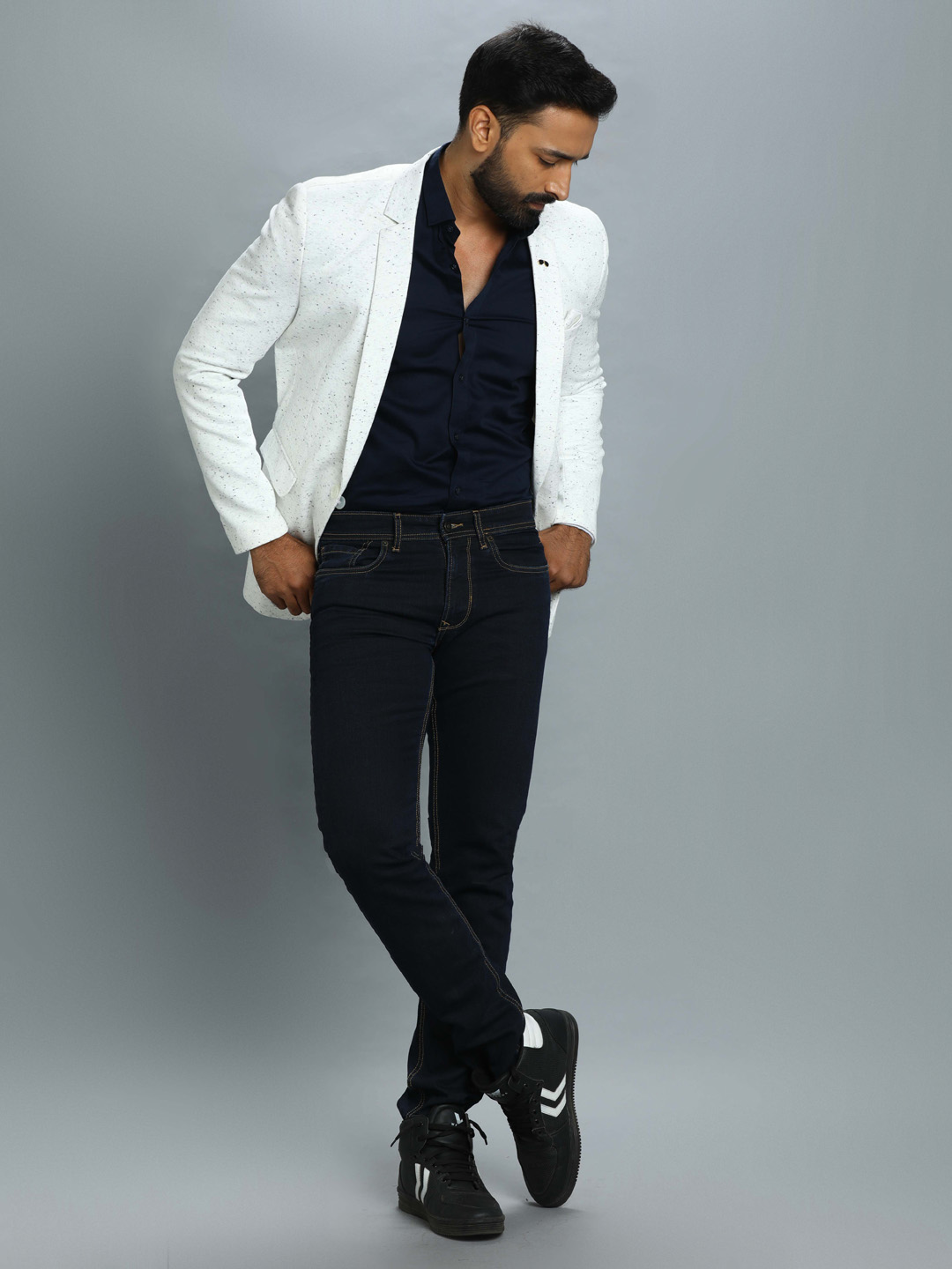 Rent/Buy White dotted Blue Twede Blazer | Home Trial | Free Delivery ...